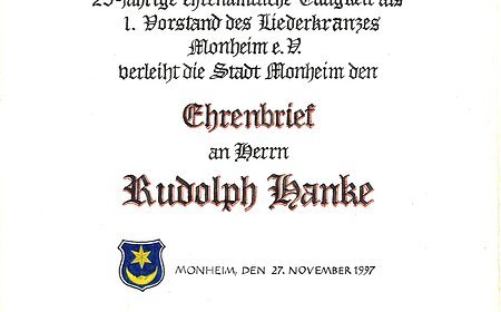Ehrenbrief der Stadt Monheim Herrn Rudolph Hanke