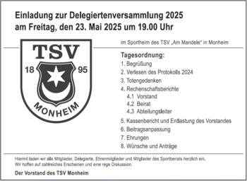 Einladung zur Delegierten-Versammlung des TSV-Monheim 2025