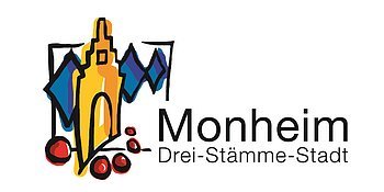 Drei-Stämme-Stadt Monheim Das Logo der Stadt Monheim: mit stilisiertem Gebäude, blauen Rauten und roten Kreisen. Text: "Monheim Drei-Stämme-Stadt".