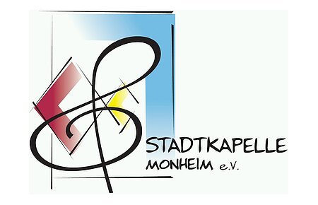 Logo der Stadtkapelle Monheim e.V. mit stilisiertem Notenschlüssel und geometrischen Formen in Rot, Gelb und Blau.