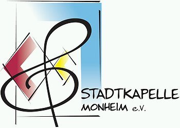 Logo der Stadtkapelle Monheim e.V. Logo der Stadtkapelle Monheim e.V. mit stilisiertem Notenschlüssel und geometrischen Formen in Rot, Gelb und Blau.