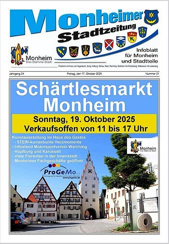 Titelblatt der Monheimer Stadtzeitung vom 17. Oktober 2025 mit der dazugehörigen Überschrift in blau/schwarz, Wappen der Stadt Monheim und der dazugehörigen Stadtteile und mit dem Logo der Stadt Monheim. Auf der Titelseite die Ankündigung des nächsten Schärtlesmarktes am 19. Oktober 2025. Auf dem Bild ist ein Teil der Monheimer Innenstadt mit einem Uhrenturm zu sehen auf blauem Hintergrund.