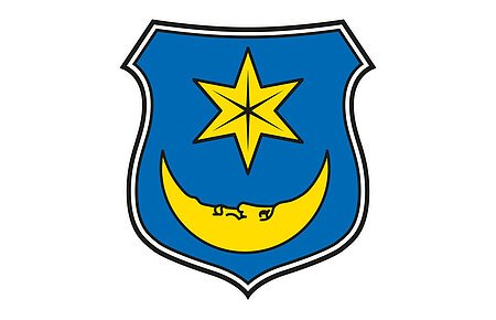 Wappen Monheim Das Wappen von der Stadt Monheim: mit einem gelbem Stern oben und einem gelbem Halbmond unten auf blauem Hintergrund. Schwarz/weiße Umrandung.