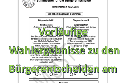 Muster eines Stimmzettels für Bürgerentscheide in Monheim am 12.01.2025 mit zwei Fragen und einer Stichfrage, drei Stimmen gesamt.