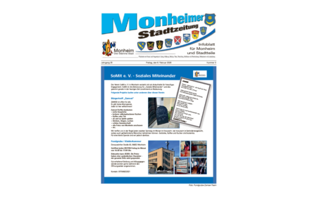 Titelblatt der Monheimer Stadtzeitung vom 06. Februar 2026 mit der dazugehörigen Überschrift in blau/schwarz, Wappen der Stadt Monheim und der dazugehörigen Stadtteile und mit dem Logo der Stadt Monheim. Auf der Titelseite sind Informationen zu SoMit e. V. und sozialen Projekten und ein kleines Gedicht.