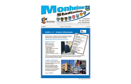 Titelblatt der Monheimer Stadtzeitung vom 06. Februar 2026 mit der dazugehörigen Überschrift in blau/schwarz, Wappen der Stadt Monheim und der dazugehörigen Stadtteile und mit dem Logo der Stadt Monheim. Auf der Titelseite sind Informationen zu SoMit e. V. und sozialen Projekten und ein kleines Gedicht.