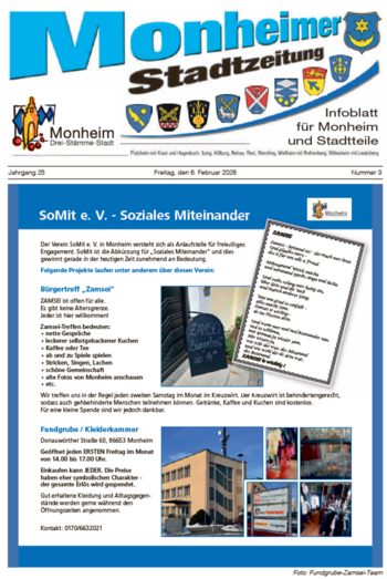 Titelblatt der Monheimer Stadtzeitung vom 06. Februar 2026 mit der dazugehörigen Überschrift in blau/schwarz, Wappen der Stadt Monheim und der dazugehörigen Stadtteile und mit dem Logo der Stadt Monheim. Auf der Titelseite sind Informationen zu SoMit e. V. und sozialen Projekten und ein kleines Gedicht.