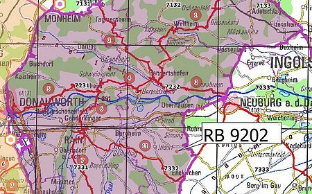 Kartenausschnitt mit Gebiet RB 9202, markiert durch violette Umrandung, zeigt Orte und Straßen im süddeutschen Raum.