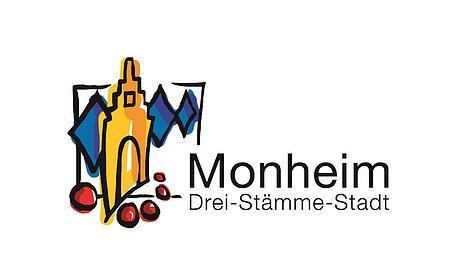 Logo der Stadt Monheim mit stilisiertem gelben Gebäude auf der linken Seite, blauen Rauten hinter dem Gebäude und roten Kreisen darunter. Text: "Monheim Drei-Stämme-Stadt" rechts neben der Zeichnung des Gebäudes. Weißer Hintergrund