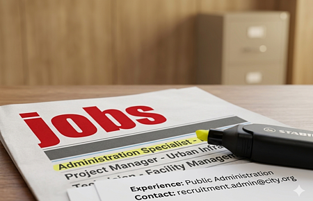 Stellenangebote Zeitschrift auf einem Holztisch liegend mit Stellenanzeigen, auf dem Titelblatt oben groß in roter Schrift der Text „jobs“ und darunter markierter Begriff „Administration Specialist“ mit gelbem Marker. Gelber Marker liegt auf der Zeitschrift drauf.