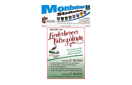 Titelblatt der Monheimer Stadtzeitung vom 15. Mai 2026 mit der dazugehörigen Überschrift in blau/schwarz, Wappen der Stadt Monheim und der dazugehörigen Stadtteile und mit dem Logo der Stadt Monheim. Auf der Titelseite Veranstaltungshinweis: das Liederberger Patroziniumsfest. Auf dem Plakat zum Patroziniumsfest sind stilisiert eine Glocke, Blumen in rot/weiß und eine Kapelle auf grün/weißen Hintergrund zu sehen.