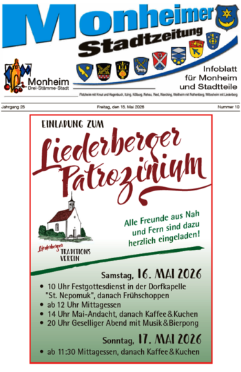 Titelblatt der Monheimer Stadtzeitung vom 15. Mai 2026 mit der dazugehörigen Überschrift in blau/schwarz, Wappen der Stadt Monheim und der dazugehörigen Stadtteile und mit dem Logo der Stadt Monheim. Auf der Titelseite Veranstaltungshinweis: das Liederberger Patroziniumsfest. Auf dem Plakat zum Patroziniumsfest sind stilisiert eine Glocke, Blumen in rot/weiß und eine Kapelle auf grün/weißen Hintergrund zu sehen.