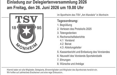 Einladung zur Delegiertenversammlung 2026 am 26. Juni 2026 um 19 Uhr im Sportheim TSV Monheim mit Tagesordnung, Grußwort und Logo vom TSV Monheim