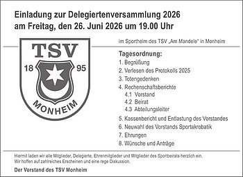 Einladung zur Delegiertenversammlung 2026 am 26. Juni 2026 um 19 Uhr im Sportheim TSV Monheim mit Tagesordnung, Grußwort und Logo vom TSV Monheim