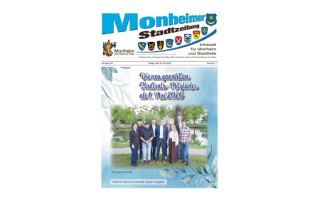 Titelblatt der Monheimer Stadtzeitung vom 29. Mai 2026 mit der dazugehörigen Überschrift in blau/schwarz, Wappen der Stadt Monheim und der dazugehörigen Stadtteile und mit dem Logo der Stadt Monheim. Auf der Titelseite ein Foto der neu gewählten Stadtratsmitglieder ab 1. Mai 2026.