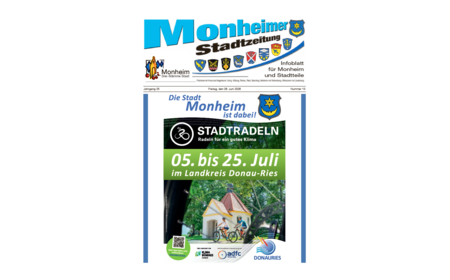 Titelblatt der Monheimer Stadtzeitung vom 26. Juni 2026 mit der dazugehörigen Überschrift in blau/schwarz, Wappen der Stadt Monheim und der dazugehörigen Stadtteile und mit dem Logo der Stadt Monheim. Auf dem Foto findet man die Ankündigung zum Stadtradeln vom 5. bis 25. Juli 2026 im Landkreis Donau-Ries.