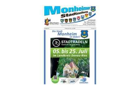 Titelblatt der Monheimer Stadtzeitung vom 26. Juni 2026 mit der dazugehörigen Überschrift in blau/schwarz, Wappen der Stadt Monheim und der dazugehörigen Stadtteile und mit dem Logo der Stadt Monheim. Auf dem Foto findet man die Ankündigung zum Stadtradeln vom 5. bis 25. Juli 2026 im Landkreis Donau-Ries.