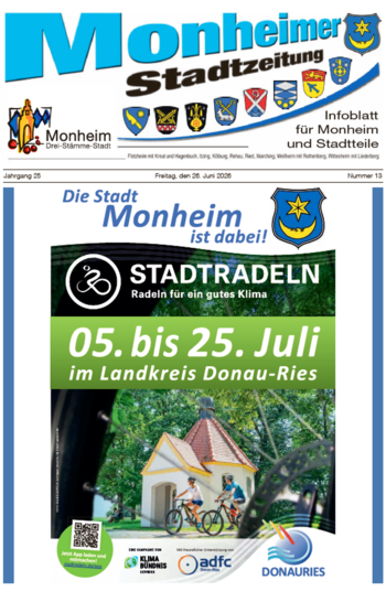 Titelblatt der Monheimer Stadtzeitung vom 26. Juni 2026 mit der dazugehörigen Überschrift in blau/schwarz, Wappen der Stadt Monheim und der dazugehörigen Stadtteile und mit dem Logo der Stadt Monheim. Auf dem Foto findet man die Ankündigung zum Stadtradeln vom 5. bis 25. Juli 2026 im Landkreis Donau-Ries.