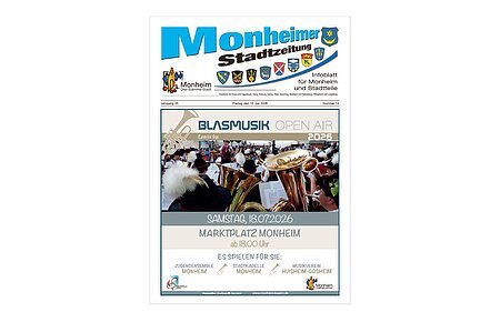 Titelblatt der Monheimer Stadtzeitung vom 09. Januar 2026 mit der dazugehörigen Überschrift in blau/schwarz, Wappen der Stadt Monheim und der dazugehörigen Stadtteile und mit dem Logo der Stadt Monheim. Auf der Titelseite die Ankündigung eines Blasmusik Open Air Konzerts am 18. Juli 2026 auf dem Marktplatz Monheim. Auf dem Foto ist eine Blaskapelle zu sehen.