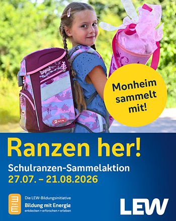 Mädchen mit Zöpfen trägt Schulranzen und Schultüte, Text zu Schulranzen-Sammelaktion in Monheim 2026