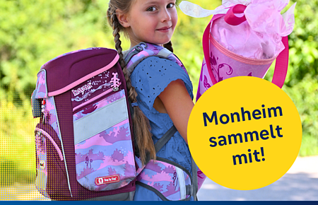 "Ranzen her!" LEW Sammelaktion 2026 Mädchen mit Zöpfen trägt Schulranzen und Schultüte, Text zu Schulranzen-Sammelaktion in Monheim 2026