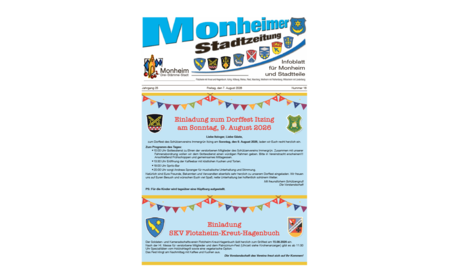 Titelblatt der Monheimer Stadtzeitung vom 07. August 2026 mit der dazugehörigen Überschrift in blau/schwarz, Wappen der Stadt Monheim und der dazugehörigen Stadtteile und mit dem Logo der Stadt Monheim. Auf der Titelseite die Einladung zum Dorffest in Itzing am 09.08.2026 mit Programmpunkten und die Einladung zum Grillfest des SKV Flotzheim-Kreut-Hagenbuch am 15. August 2026