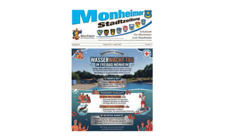 Titelblatt der Monheimer Stadtzeitung vom 21. August 2026 mit der dazugehörigen Überschrift in blau/schwarz, Wappen der Stadt Monheim und der dazugehörigen Stadtteile und mit dem Logo der Stadt Monheim. Auf der Titelseite die Ankündigung des Wasserwacht-Tags im Freibad Monheim am 30.08.2026 von 14-16 Uhr mit Erste Hilfe Stationen und Einsatz-Demonstrationen