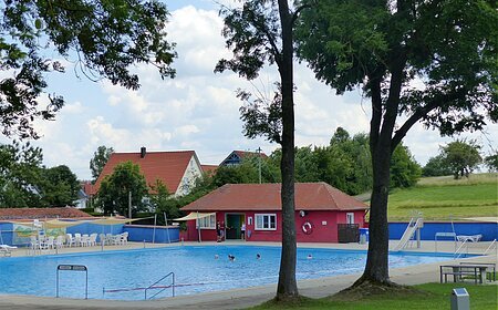 Ein Freibad mit Schwimmbecken, einer Rutsche und Sitzmöglichkeiten, umgeben von Bäumen und Wiesen. Im Hintergrund steht ein rotes Gebäude mit Fenstern, ein Kiosk.