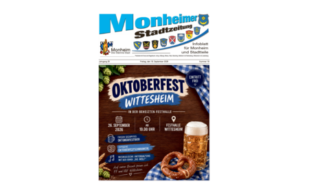 Titelblatt der Monheimer Stadtzeitung vom 19. September 2026 mit der dazugehörigen Überschrift in blau/schwarz, Wappen der Stadt Monheim und der dazugehörigen Stadtteile und mit dem Logo der Stadt Monheim. Auf der Titelseite der Monheimer Stadtzeitung die Ankündigung des Oktoberfests Wittesheim am 26. September 2026 ab 19 Uhr. Auf dem Plakat Bierkrug und Breze, blau-weiße Deko & Hopfen-Deko