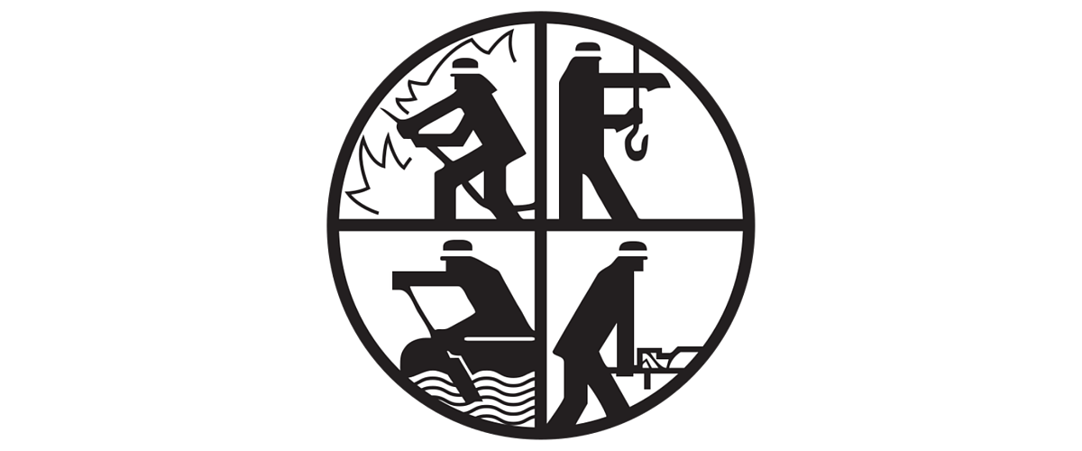 Ein ovales RLBS-Logo der Feuerwehr mit vier Piktogrammen: Feuerwehrmann bei der Feuerbekämpfung, technische Hilfeleistung, Wasserrettung und allgemeine Rettung.