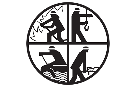 Feuerwehr RLBS-Logo Ein ovales RLBS-Logo der Feuerwehr mit vier Piktogrammen: Feuerwehrmann bei der Feuerbekämpfung, technische Hilfeleistung, Wasserrettung und allgemeine Rettung.