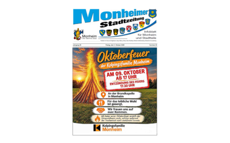 Titelblatt der Monheimer Stadtzeitung vom 02. Oktober 2026 mit der dazugehörigen Überschrift in blau/schwarz, Wappen der Stadt Monheim und der dazugehörigen Stadtteile und mit dem Logo der Stadt Monheim. Auf der Titelseite der Monheimer Stadtzeitung die Einladung zum Oktoberfeuer am 9. Oktober 2026 der Kolpingsfamilie Monheim. Auf dem Plakat ist ein großes Feuer sowie der Ablauf zu finden.