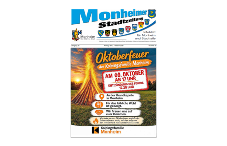 Titelblatt der Monheimer Stadtzeitung vom 02. Oktober 2026 mit der dazugehörigen Überschrift in blau/schwarz, Wappen der Stadt Monheim und der dazugehörigen Stadtteile und mit dem Logo der Stadt Monheim. Auf der Titelseite der Monheimer Stadtzeitung die Einladung zum Oktoberfeuer am 9. Oktober 2026 der Kolpingsfamilie Monheim. Auf dem Plakat ist ein großes Feuer sowie der Ablauf zu finden.