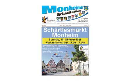 Titelblatt der Monheimer Stadtzeitung vom 16. Oktober 2026 mit der dazugehörigen Überschrift in blau/schwarz, Wappen der Stadt Monheim und der dazugehörigen Stadtteile und mit dem Logo der Stadt Monheim. Auf der Titelseite die Ankündigung des nächsten Schärtlesmarktes am 18. Oktober 2026. Auf dem Bild ist ein Teil der Monheimer Innenstadt mit einem Uhrenturm zu sehen auf blauem Hintergrund.