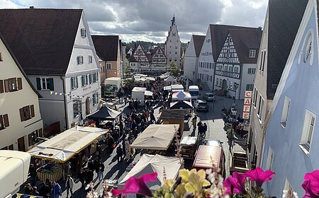 Blick von oben auf belebten Markt mit Ständen und Menschen in einer Altstadt mit Fachwerkhäusern und Café.